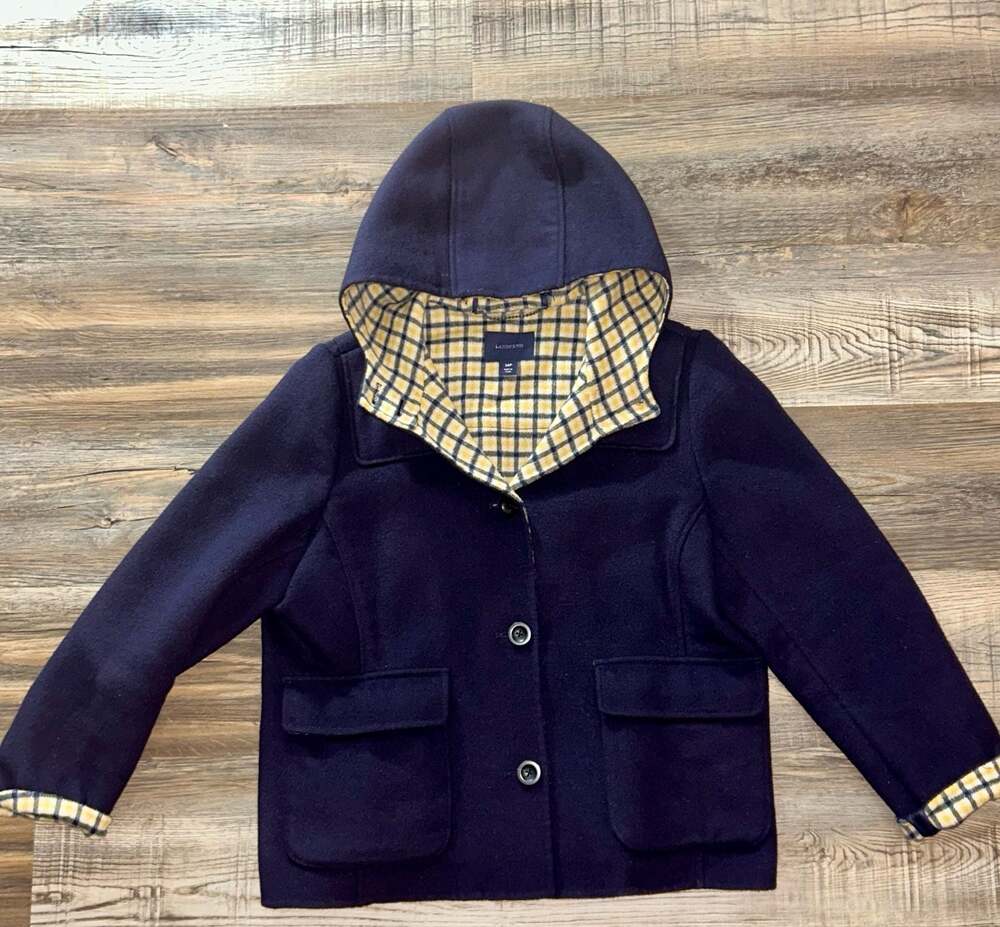Lands' End Women's Navy Wool Blend Hooded Coat with Plaid Lining Size 14P